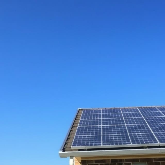 A rooftop with solar panels with a background of a blue sky