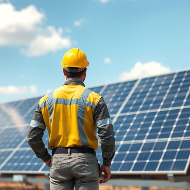 A man wearing a yellow hard hat stands in front of solar panels, showcasing renewable energy technology.