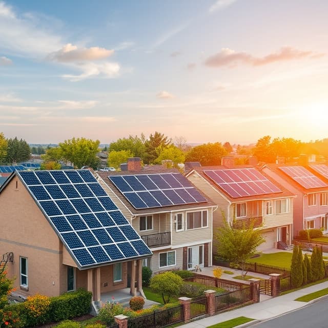 Solar panels installed on residential rooftops in a suburban neighborhood, showcasing sustainable energy solutions.